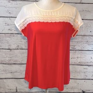 FAITH & JOY Blouse Tie Back w Lace Trim White/Bright Coral-PM